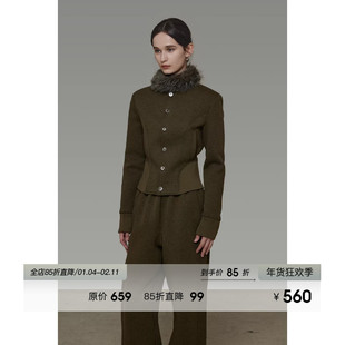 UNSPOKEN立领毛领拼接短外套女冬季2025新款修身显瘦短款气质上衣