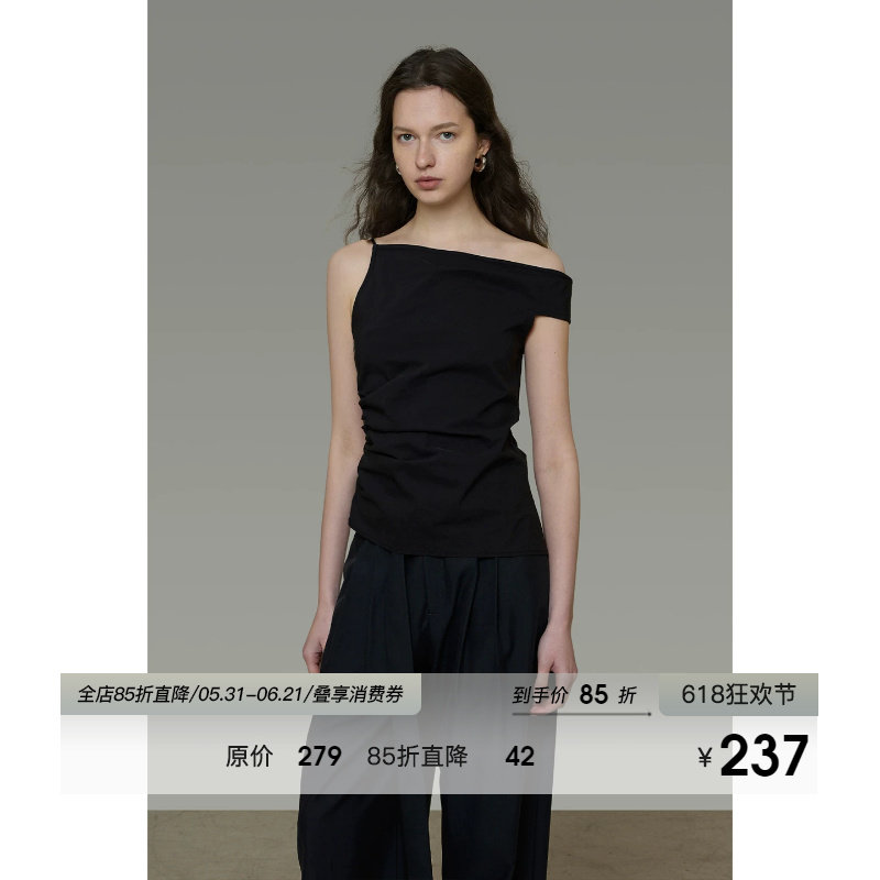 UNSPOKEN黑色露肩上衣女金属肩带小众设计感修身气质显瘦斜肩T恤