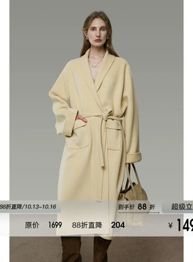 UNSPOKEN青果领毛呢外套女100羊毛气质高级感浴袍式双面呢子大衣