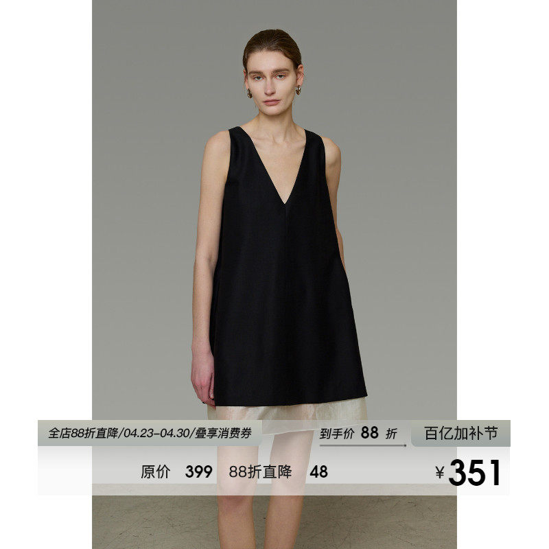 UNSPOKEN撞色无袖连衣裙V领小众设计感宽松中裙法式气质显瘦裙子