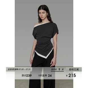 UNSPOKEN假两件撞色针织短袖 上衣女夏季 2025新款 露肩不规则针织衫