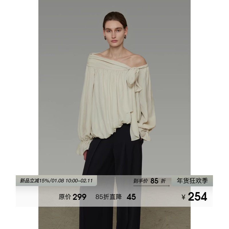 UNSPOKEN法式不规则斜肩衬衫女春季2026新款设计感系带露肩上衣,女装/女士精品,衬衫,淘宝优惠券,粉丝福利购,淘宝优惠卷