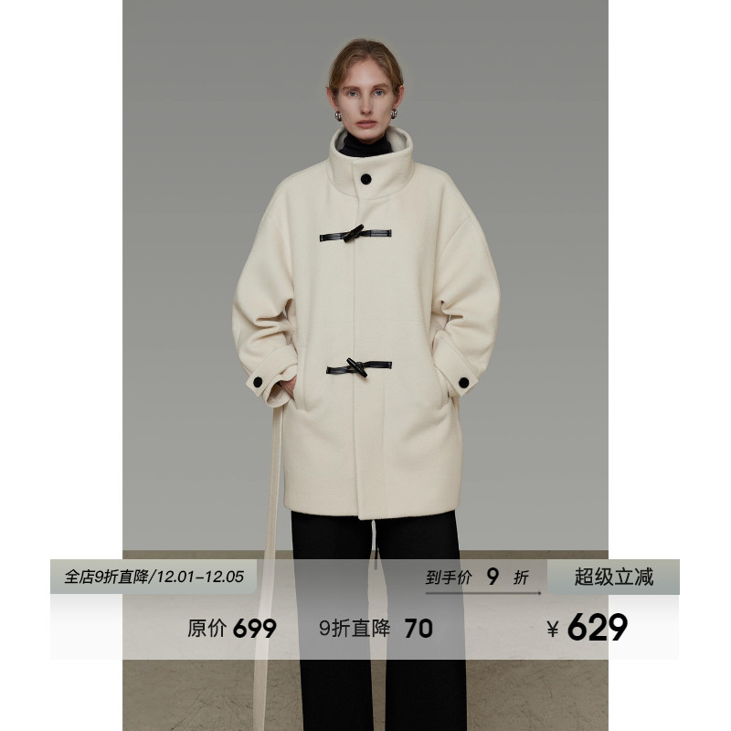 UNSPOKEN立领中长款单面呢外套女冬季原创设计感宽松羊角扣大衣