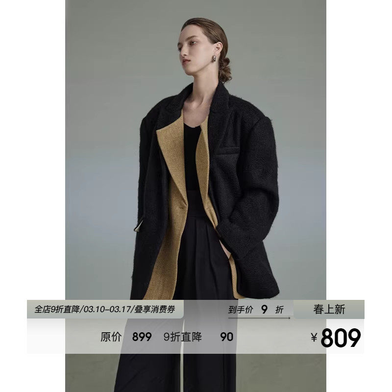 UNSPOKEN黑色加厚毛呢西装外套女冬季保暖防风高级感宽松呢子大衣