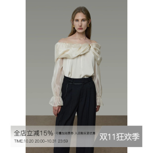 UNSPOKEN法式一字领衬衫女露肩气质长袖显瘦设计感小众一字肩上衣
