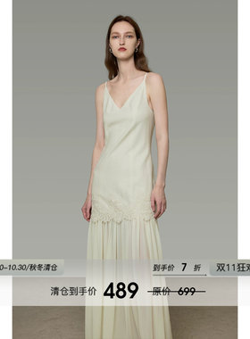 UNSPOKEN米白色吊带连衣裙V领蕾丝拼接气质高级感显瘦法式长裙女