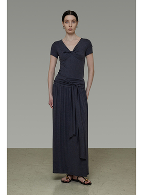 UNSPOKEN纽结V领针织短袖T恤女夏季2025新款修身显瘦垂坠感半身裙