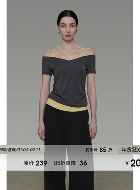 UNSPOKEN撞色一字肩V领短袖T恤女夏季设计感小众修身显瘦百搭上衣