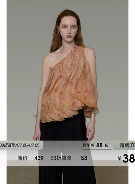 UNSPOKEN斜肩印花上衣女露肩宽松无袖气质显瘦法式衬衫夏2026新款