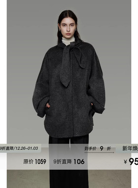 UNSPOKEN宽松系带领双面呢外套100羊毛冬季新款小众设计毛呢大衣