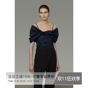 UNSPOKEN法式露肩衬衫女吊带上衣设计感小众扭结气质显瘦短袖衬衣