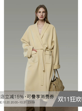 UNSPOKEN青果领毛呢外套女100羊毛气质高级感浴袍式双面呢子大衣