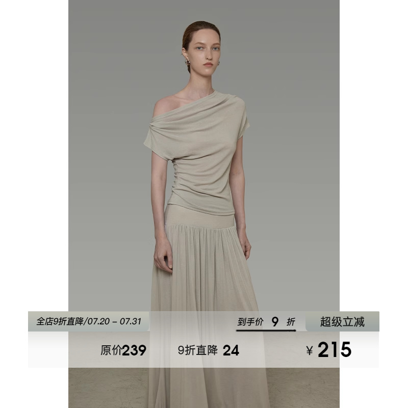 UNSPOKEN设计感褶皱斜肩短袖T恤女夏季2025新款宽腰头垂感半身裙