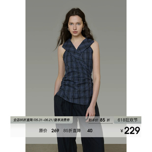 UNSPOKEN高级感藏青色衬衫女格纹无袖V领腰部抽褶设计感气质上衣
