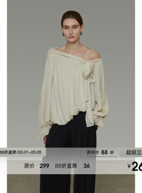UNSPOKEN法式不规则斜肩衬衫女春季2026新款设计感系带露肩上衣