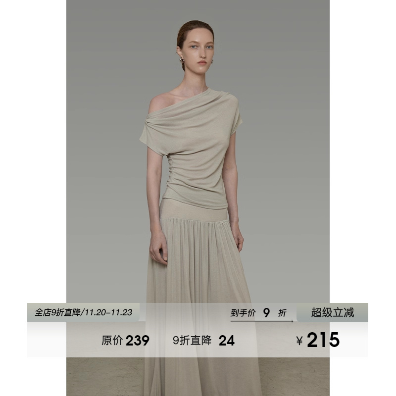 UNSPOKEN设计感褶皱斜肩短袖T恤女夏季2025新款宽腰头垂感半身裙