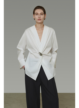 UNSPOKEN金属扣交叉衬衫不对称扭结设计慵懒松弛感衬衣女春装新款