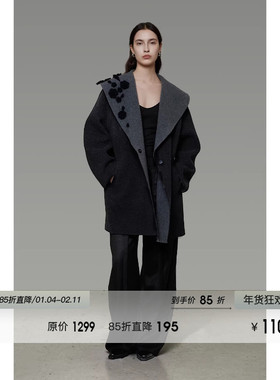 UNSPOKEN手工钉花翻领双面呢外套女冬季原创设计感中长款羊毛大衣