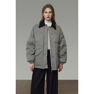 UNSPOKEN复古皮质翻领羽绒服女90白鸭绒保暖千鸟格撞色高级感外套