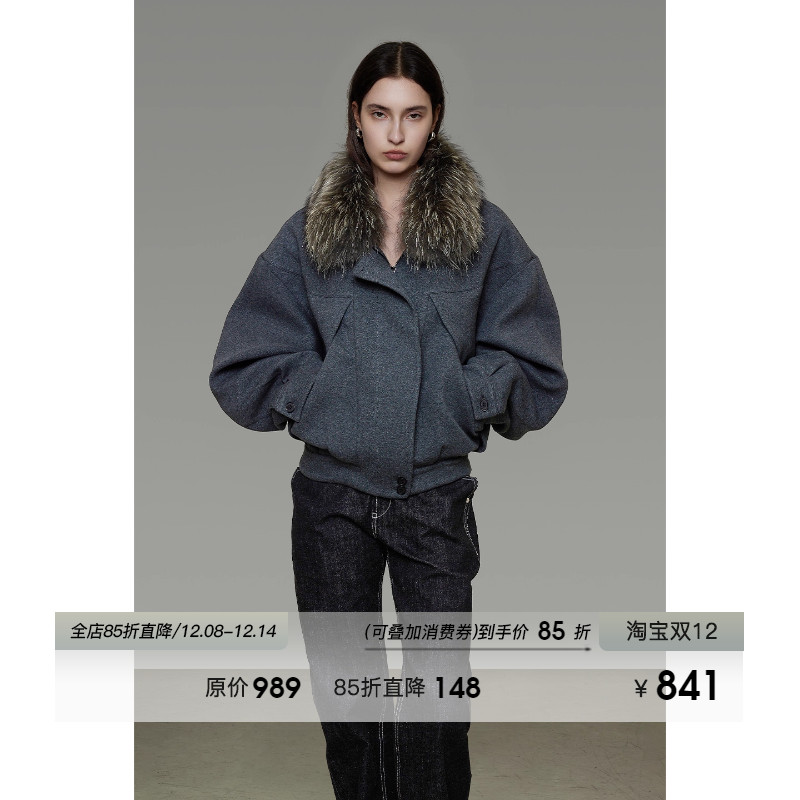 UNSPOKEN毛领短款棉服女冬季厚款小众设计感宽松显瘦防风夹棉外套