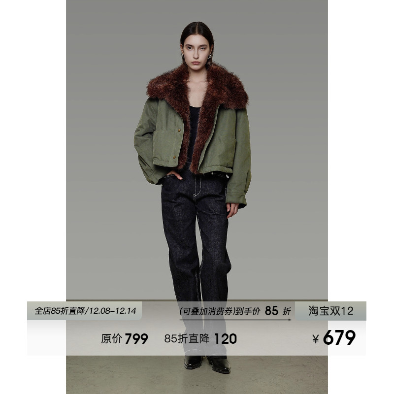 UNSPOKEN拼接毛领棉服外套冬季宽松设计感加厚短款夹克夹棉外套