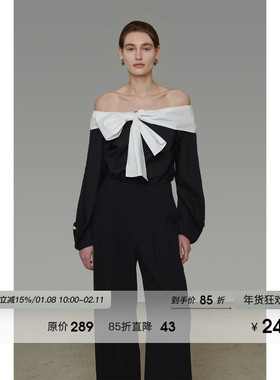 UNSPOKEN撞色蝴蝶结一字肩衬衫女春季2026新款简约高级感气质上衣