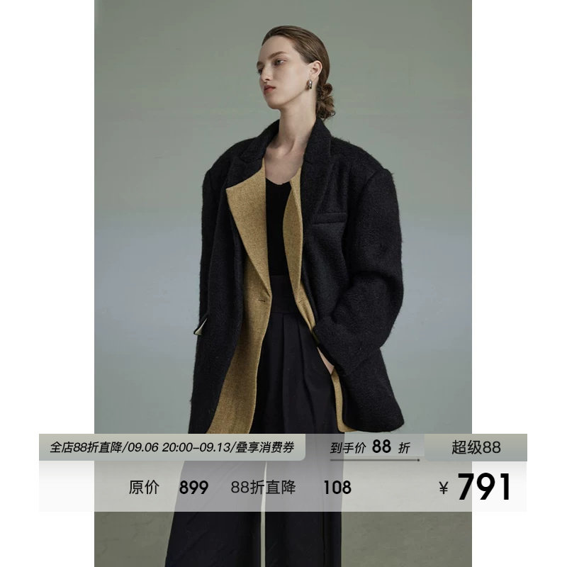 UNSPOKEN黑色加厚毛呢西装外套女冬季保暖防风高级感宽松呢子大衣