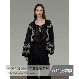 UNSPOKEN灯笼袖衬衫女宽松系带流苏刺绣高级感气质法式设计感上衣