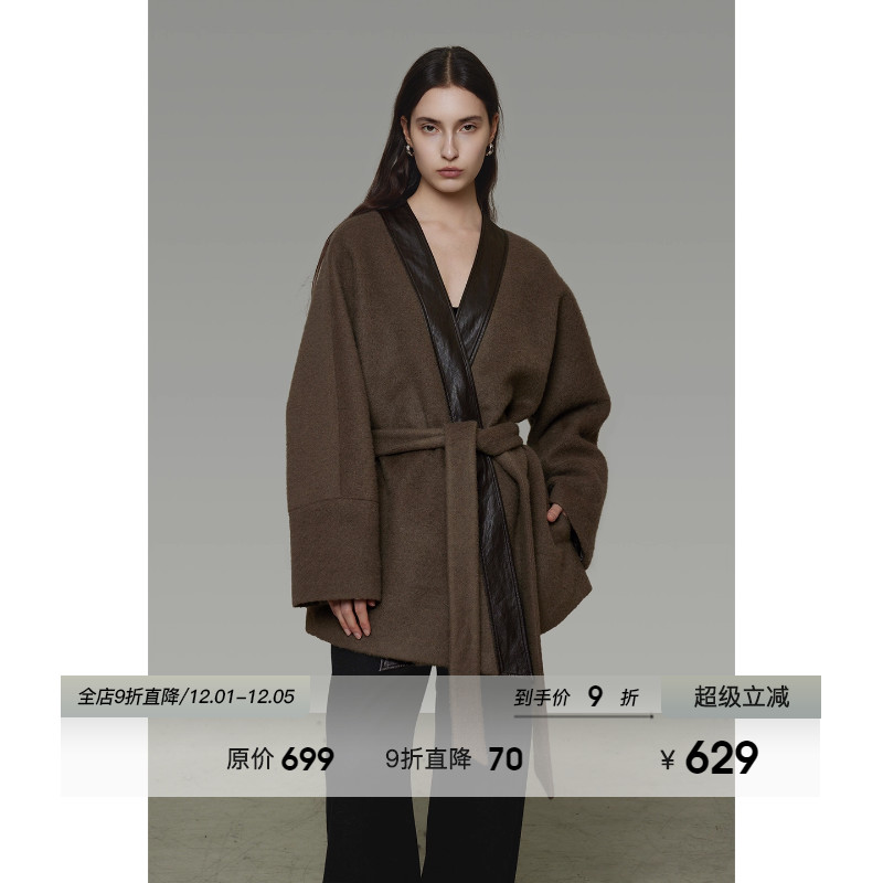 UNSPOKEN拼接V领系带毛呢外套女2025冬季新款收腰显瘦呢子大衣