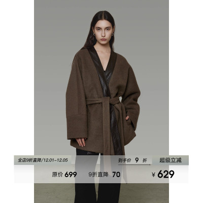 UNSPOKEN拼接V领系带毛呢外套女2025冬季新款收腰显瘦呢子大衣