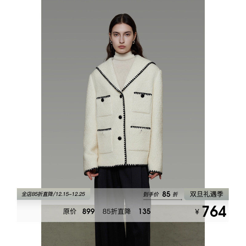 UNSPOKEN海军领羊毛外套女冬季原创设计感宽松撞色小香风呢子大衣