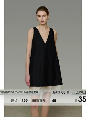 UNSPOKEN撞色无袖连衣裙V领小众设计感宽松中裙法式气质显瘦裙子
