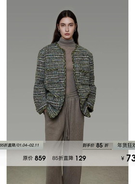 UNSPOKEN复古简约无领小香风毛呢外套女冬季时尚气质短款羊毛大衣