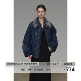 UNSPOKEN毛领拼接牛仔外套女冬季 宽松显瘦高级设计感棉衣 2026新款