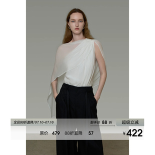 UNSPOKEN法式白色衬衫女无袖飘带独特修身斜肩显瘦设计感小众上衣