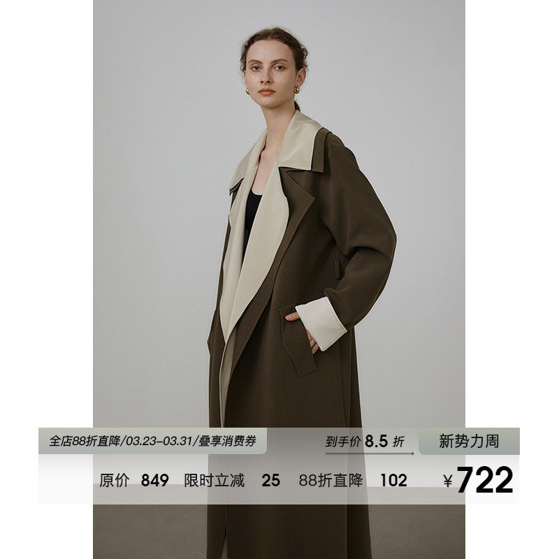 UNSPOKEN撞色风衣外套女春装2026设计感小众高级感假两件长款大衣