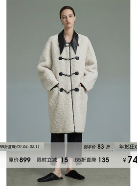 UNSPOKEN冬季新款毛呢大衣女宽松高级感羊羔毛设计感牛角扣呢外套