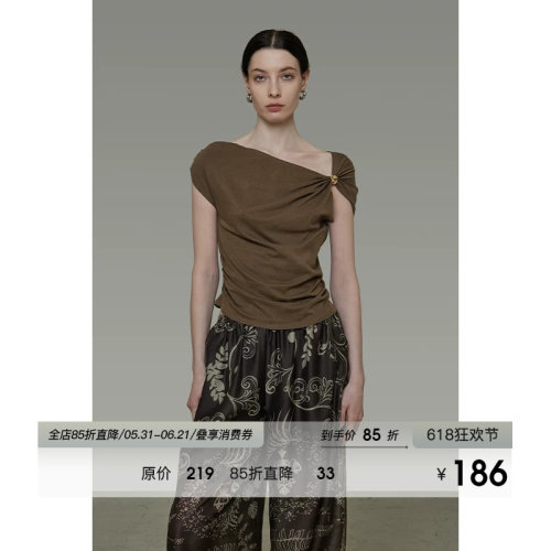 UNSPOKEN设计感立体装饰不规则斜肩T恤女夏季修身显瘦气质上衣