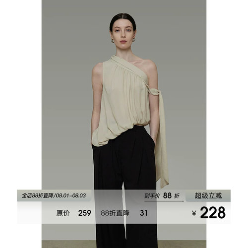 UNSPOKEN法式不规则斜肩上衣女夏季无袖外穿设计感飘带背心吊带