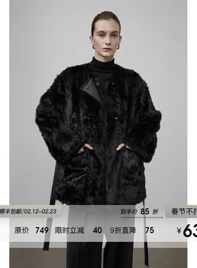 UNSPOKEN黑色皮毛一体外套女冬2025新款简约高级感中长款毛毛大衣