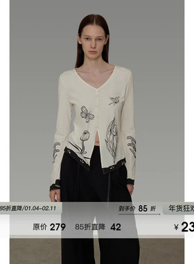 UNSPOKEN设计感印花V领针织衫女2026春季新款原创手绘长袖上衣