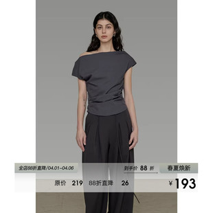 褶皱修身 显瘦露肩上衣 新款 UNSPOKEN简约不对称斜肩T恤女2026夏季