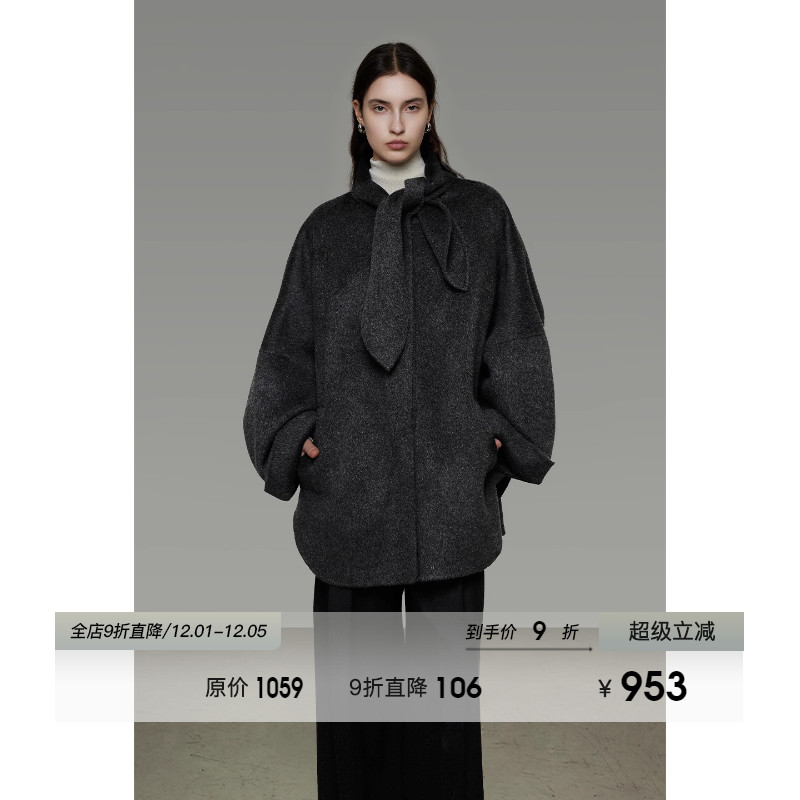 UNSPOKEN宽松系带领双面呢外套100羊毛冬季新款小众设计毛呢大衣