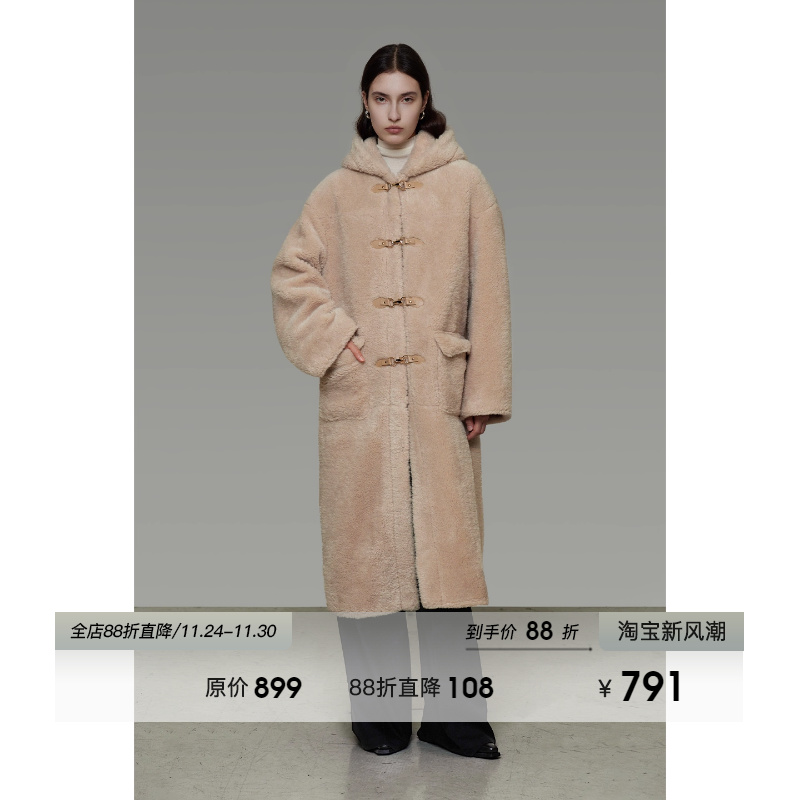 UNSPOKEN复古连帽皮毛一体外套女冬季简约设计感造型扣长款皮草