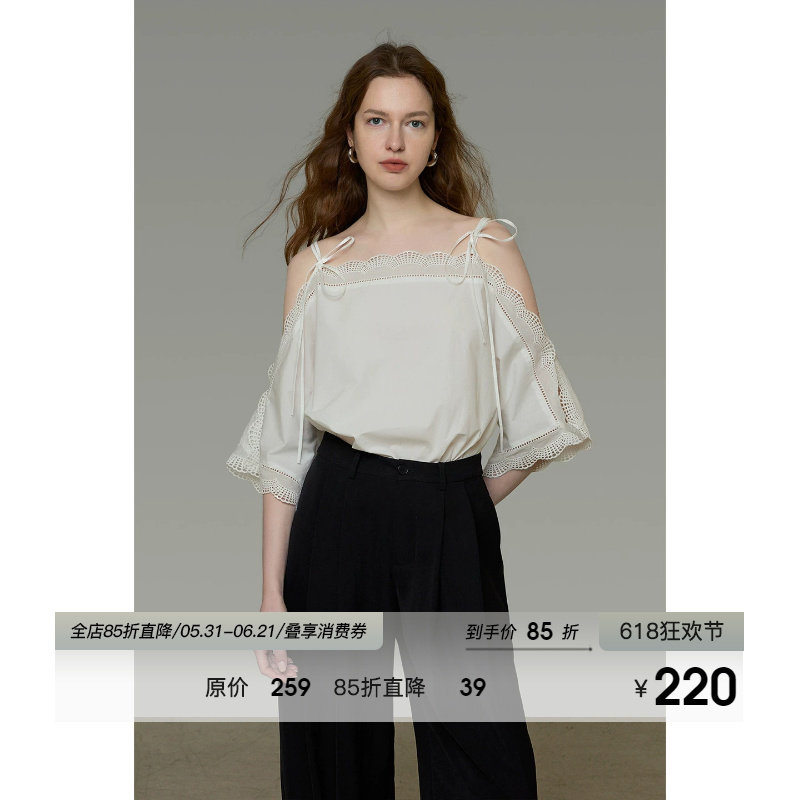 UNSPOKEN法式露肩白色衬衫女吊带设计感气质显瘦镂空花边小众上衣