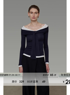 UNSPOKEN假两件一字肩针织衫女2026春季新款设计感撞色系带上衣