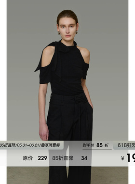 UNSPOKEN2026夏季新款黑色针织衫女短袖挖肩设计小众气质百搭上衣