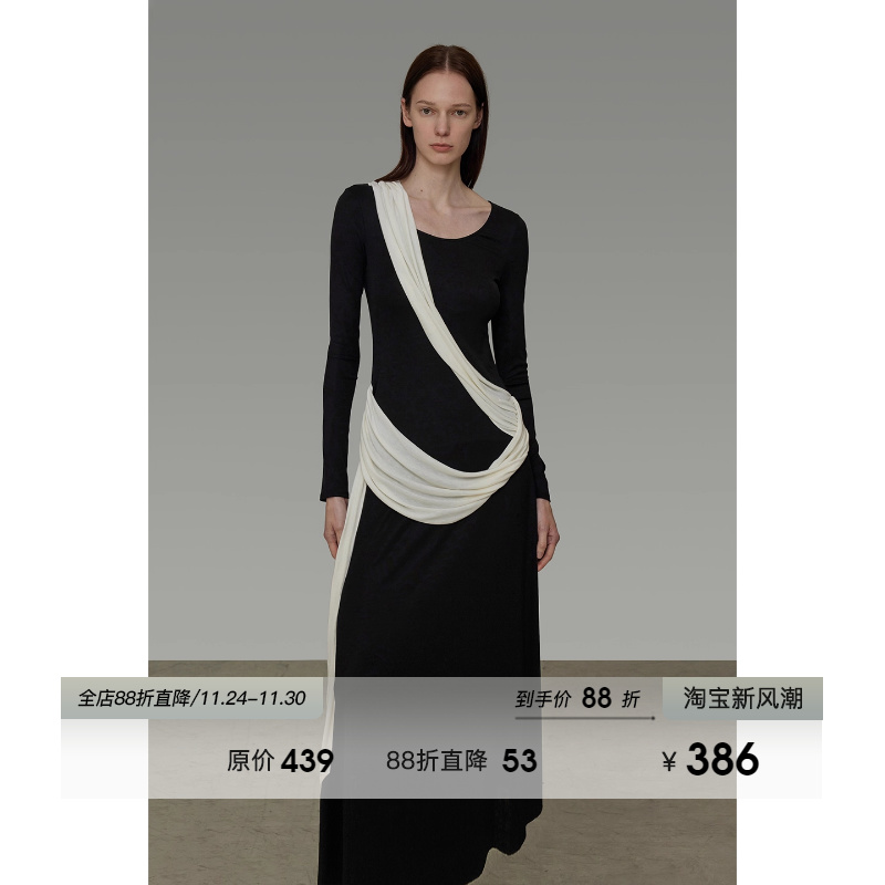 UNSPOKEN极简撞色飘带长袖连衣裙女秋2025新款修身显瘦设计感长裙