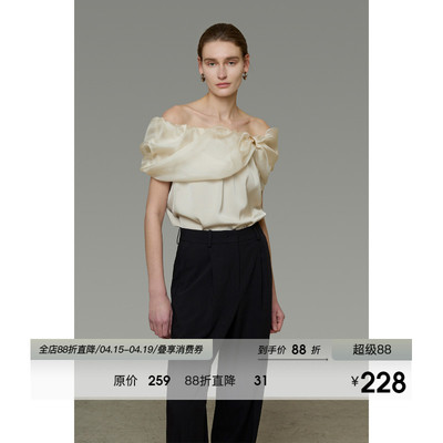 UNSPOKEN一字肩衬衫女短袖小众设计感法式定点堆领松弛感气质上衣