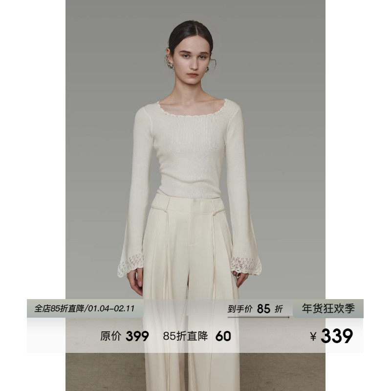 UNSPOKEN手工钩针花边针织衫女春2026新款原创设计感喇叭袖打底衫